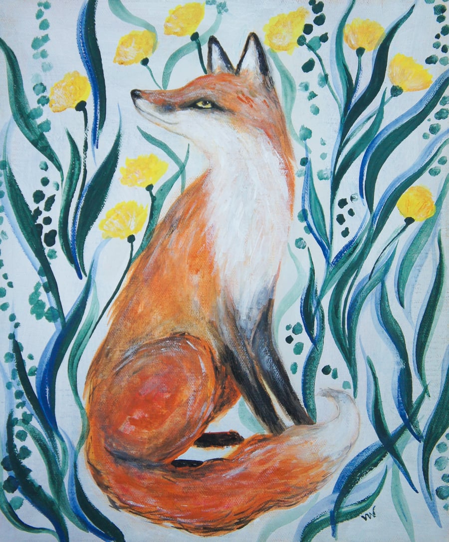 Fox With Yellow Poppies Original Painting On Canvas
