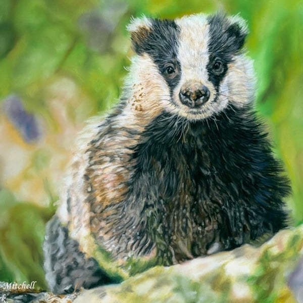 Blissful Badger, an original pastel pencil artwork