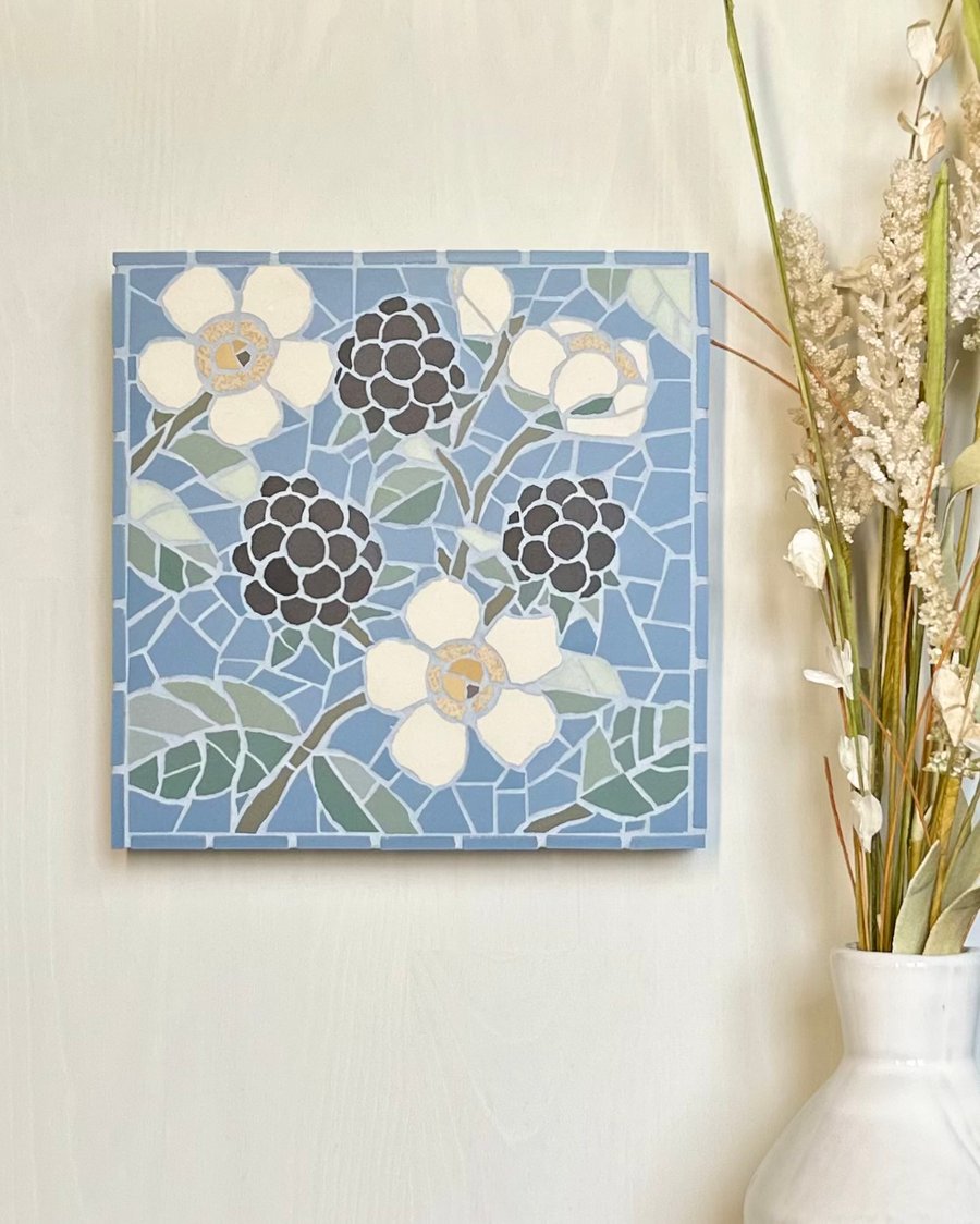 Mosaic Floral Art - Blackberry Wall Plaque in Blue