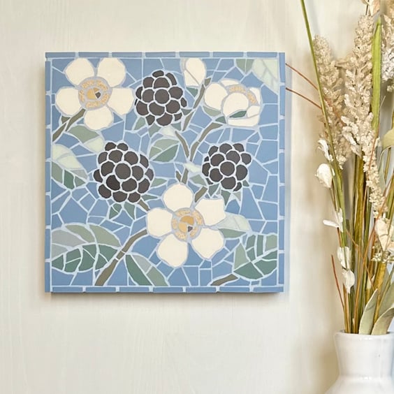 Mosaic Floral Art - Blackberry Wall Plaque in Blue