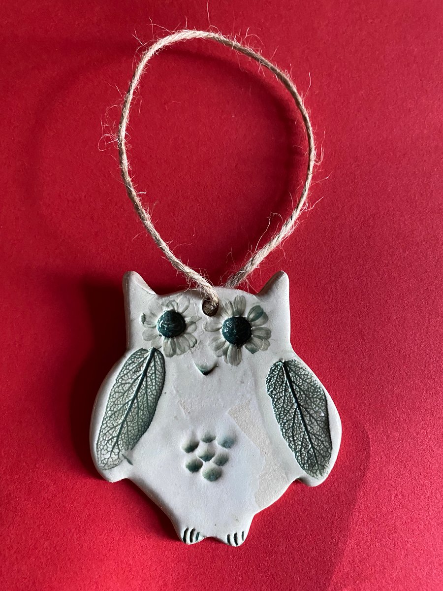 Owl leaf impressed stoneware clay ceramic Christmas decoration ornament