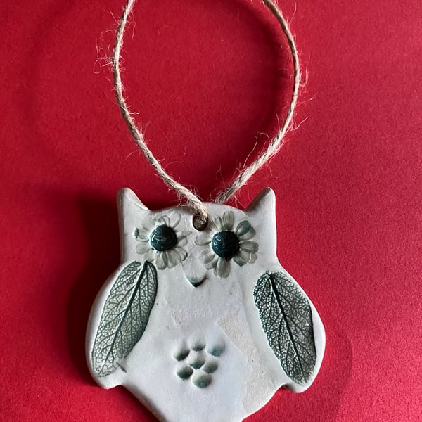 Owl leaf impressed stoneware clay ceramic Christmas decoration ornament