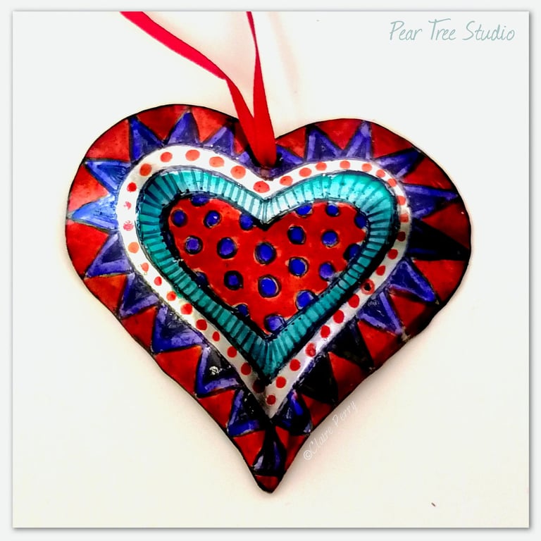 Handmade Small Red and Blue Metal Heart Decoration. 