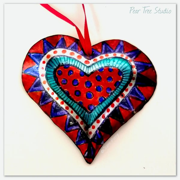 Small Red and blue metal heart decoration. Hand made.