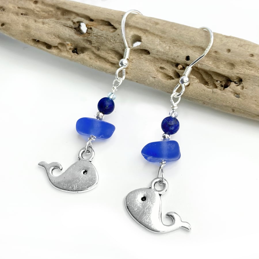 Whale Earrings. Blue Sea Glass & Lapis Lazuli Crystal Beads - Silver Jewellery