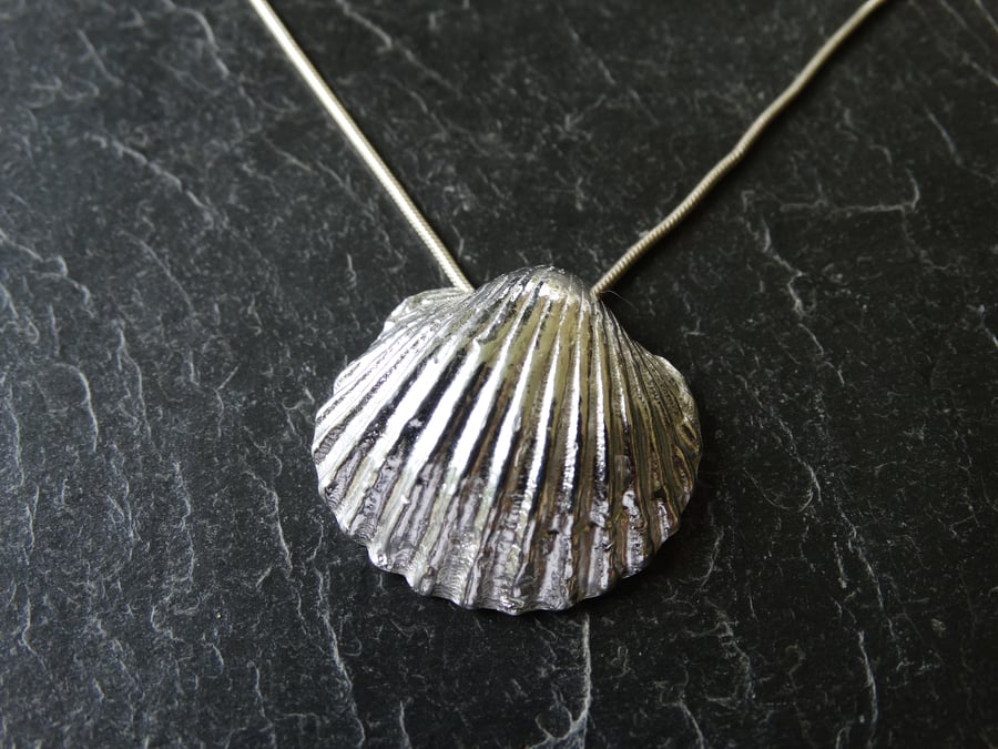 Large sterling silver, cast cockle shell pendant.