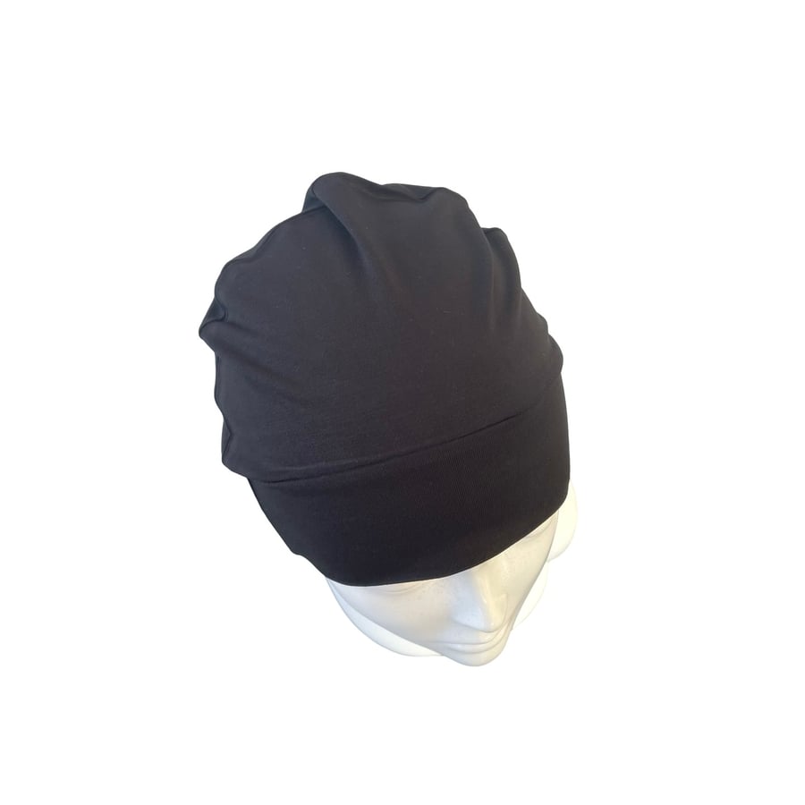 Soft BAMBOO BEANIE CAP, Black Bamboo Jersey Snug Sleep Beanie Hat 