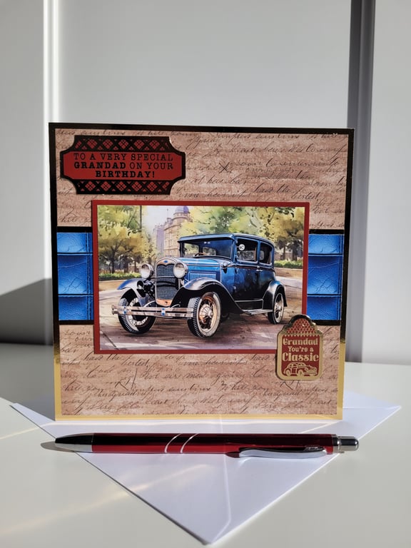 Grandad Birthday Card – Classic Vintage Car Design Handmade Card