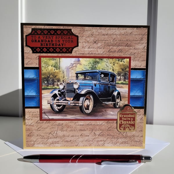 Grandad Birthday Card – Classic Vintage Car Design Handmade Card