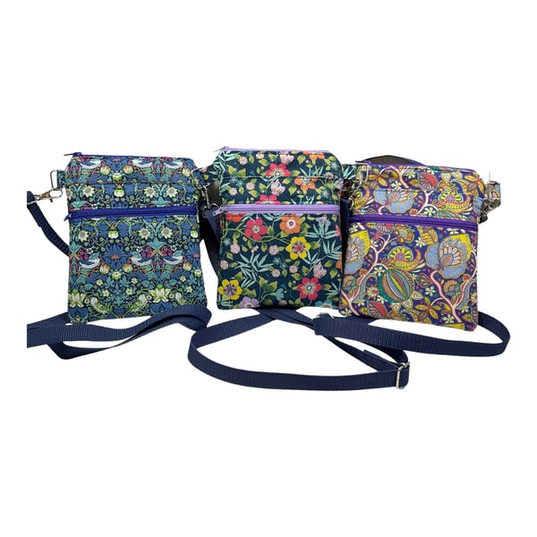 Small Liberty fabric shoulder bag, slim multi pockets, teen messenger style 