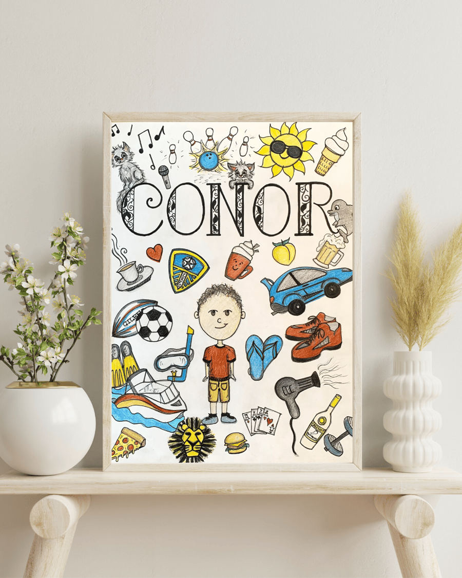 'Favourite Things' Personalised Hand-Illustrated Poster, Custom Cartoon Art Gift