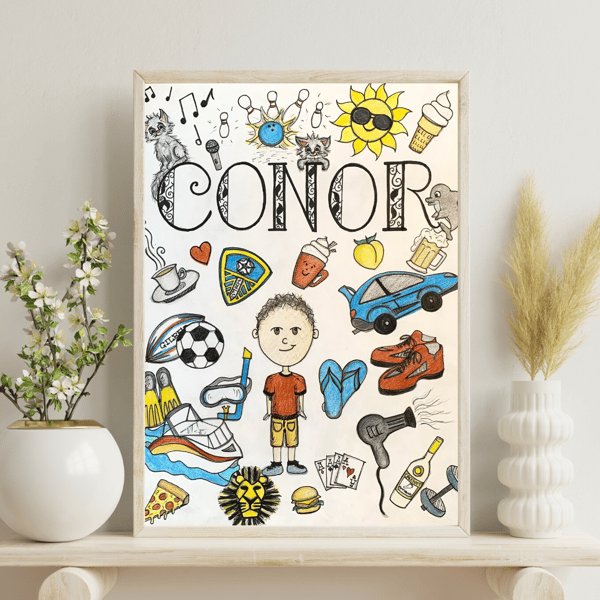 'Favourite Things' Personalised Hand-Illustrated Poster, Custom Cartoon Art Gift