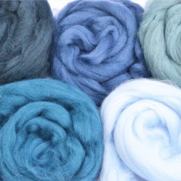 Set of blue merino wools, needle felting wools, wet felting wools 