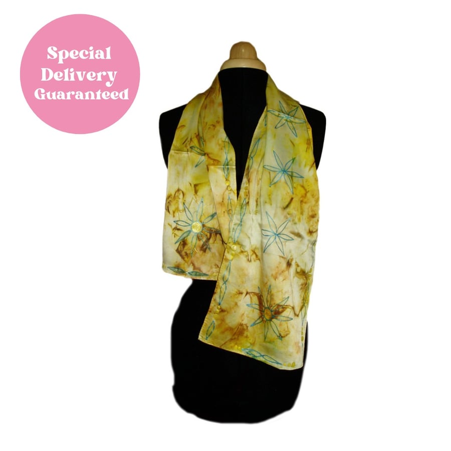 Long hand painted silk scarf, multicolour one off handmade scarf