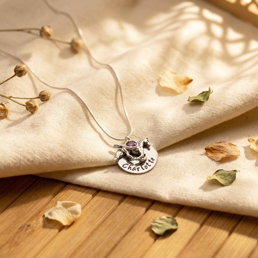Personalised Necklace with Horse Charm and Birthstone - Gift Boxed Free Delivey