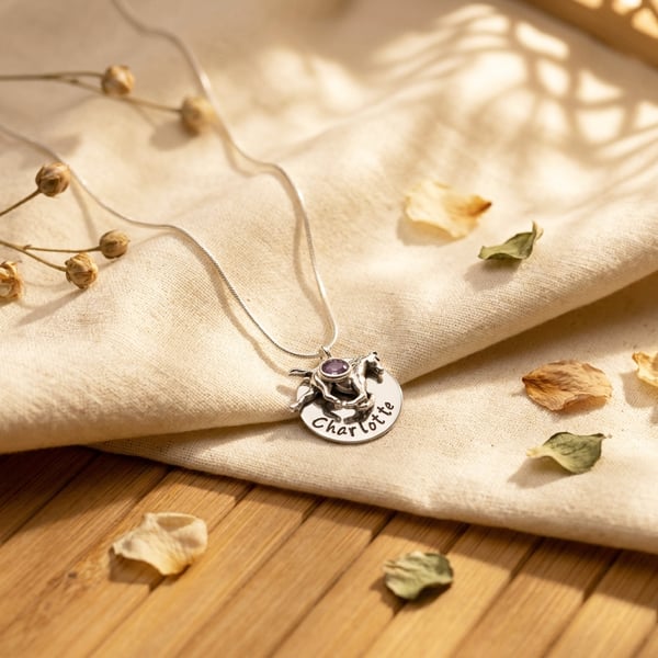 Personalised Necklace with Horse Charm and Birthstone - Gift Boxed Free Delivey