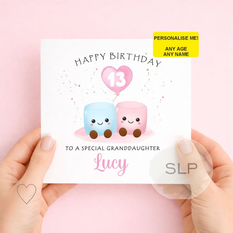Personalised Girls Birthday Card Cute Marshmallow Cake Card Custom Age & Name