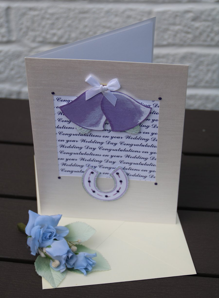 Wedding card, Wedding bells & Horseshoe, with text background, satin finish card