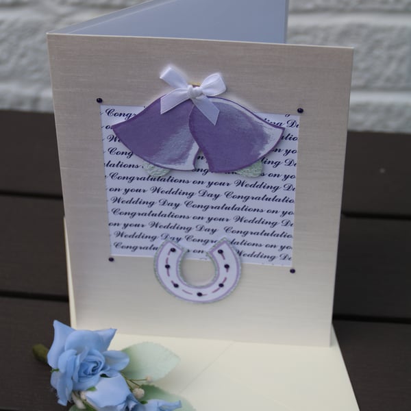 Wedding card, Wedding bells & Horseshoe, with text background, satin finish card