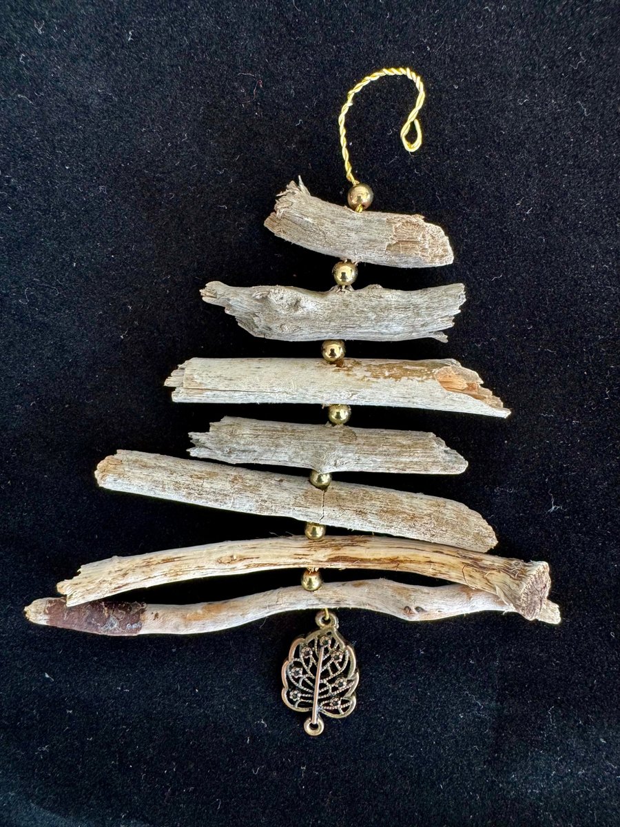 Image of Driftwood Christmas Tree Decoration with Leaf Charm and Gold Beads.