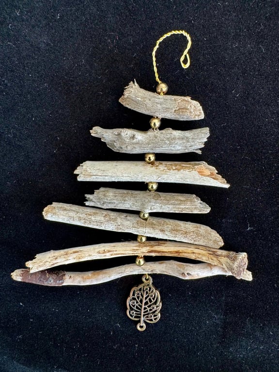 Driftwood Christmas Tree Decoration with Leaf Charm and Gold Beads.