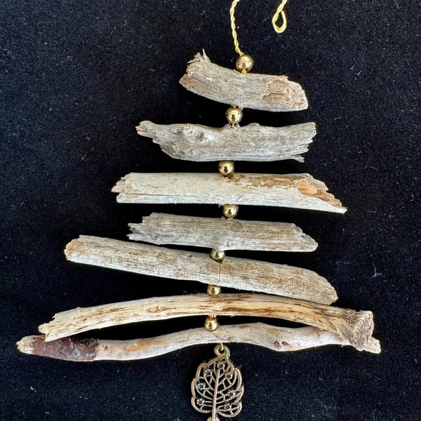 Driftwood Christmas Tree Decoration with Leaf Charm and Gold Beads.