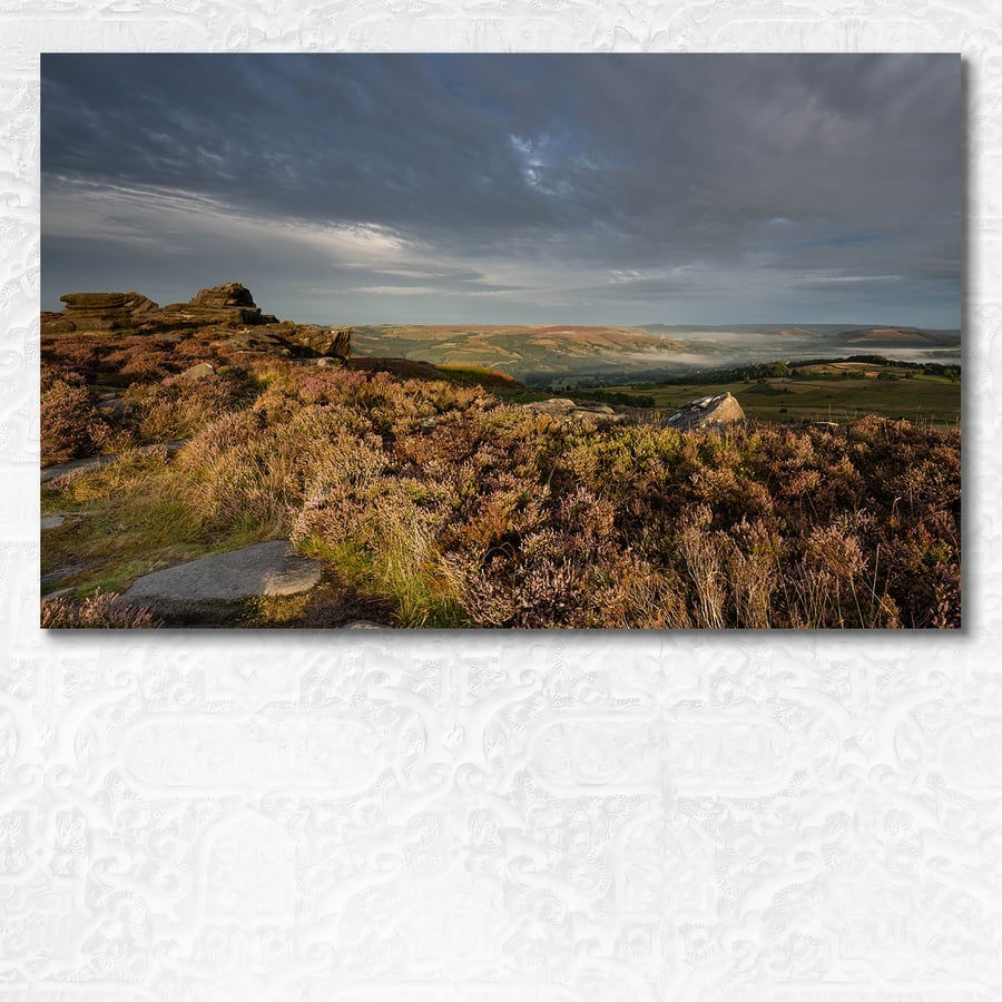 Sunrise at Over Owler Tor, Peak District, chasing the valley mist away