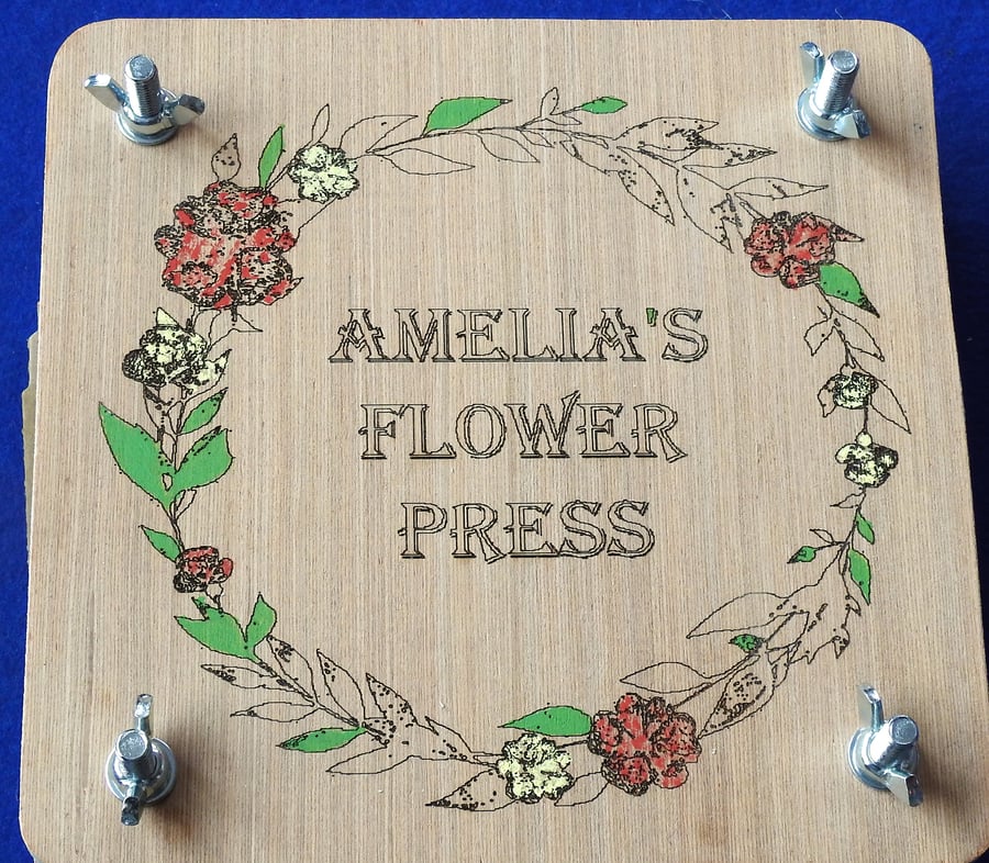 Bespoke flower press for wild & garden plants & flowers with personalised name.