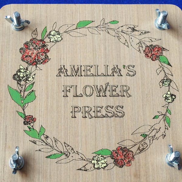 Bespoke flower press for wild & garden plants & flowers with personalised name.