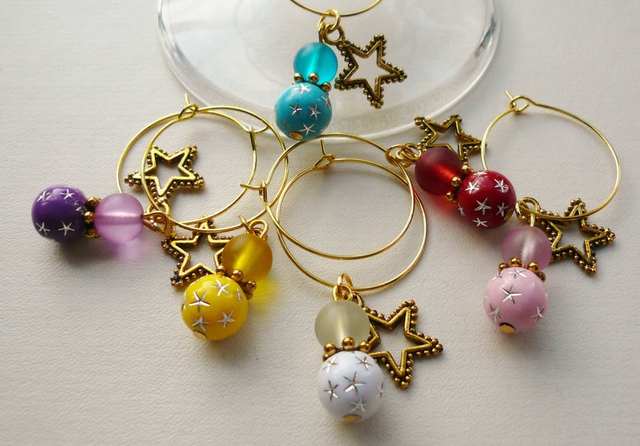 Wine Glass Charms Multicoloured Gold Plate Star Theme  KCJWG1214