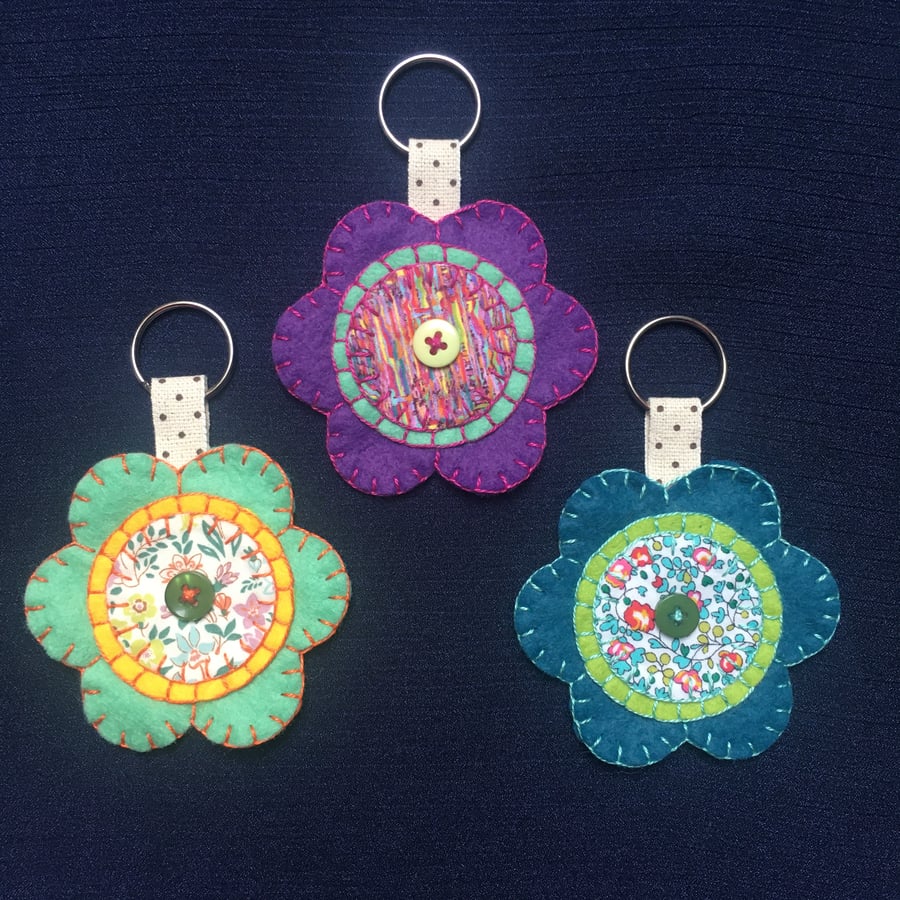 Liberty fabric felt flower keyring or bag charm