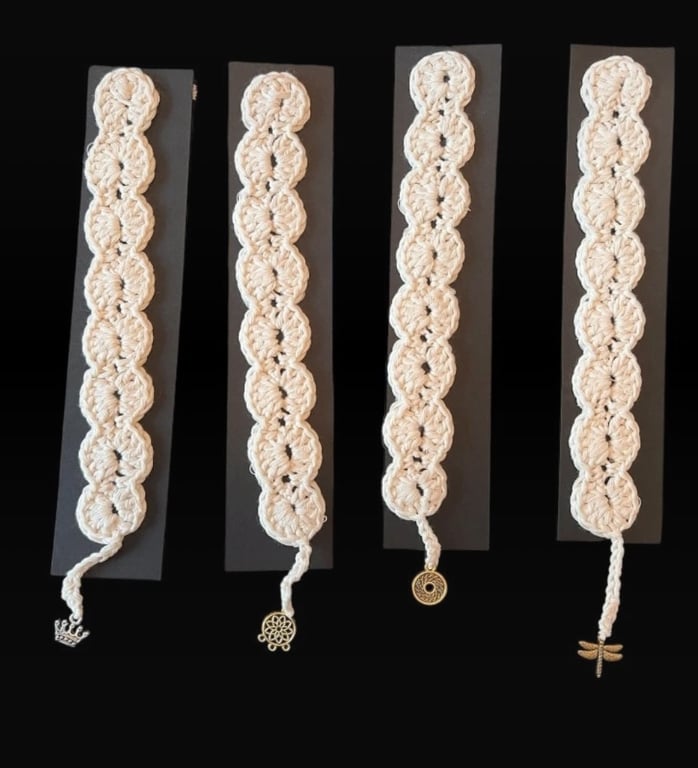Set of 4 Hand-Crocheted Cotton Blend Bookmarks with Charm Tassels – Eco-Friendly
