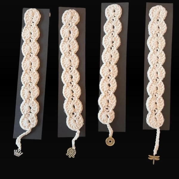 Set of 4 Hand-Crocheted Cotton Blend Bookmarks with Charm Tassels – Eco-Friendly
