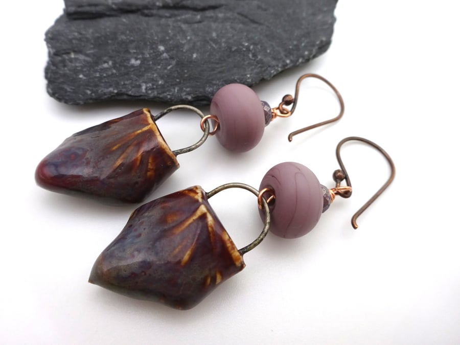 purple lampwork glass and ceramic earrings
