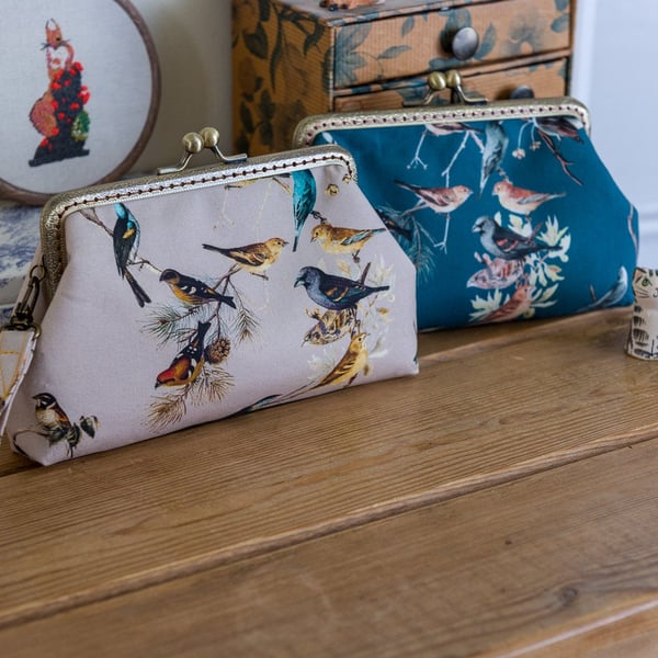 Wristlet purse or small clutch made with pretty digital printed bird lawn