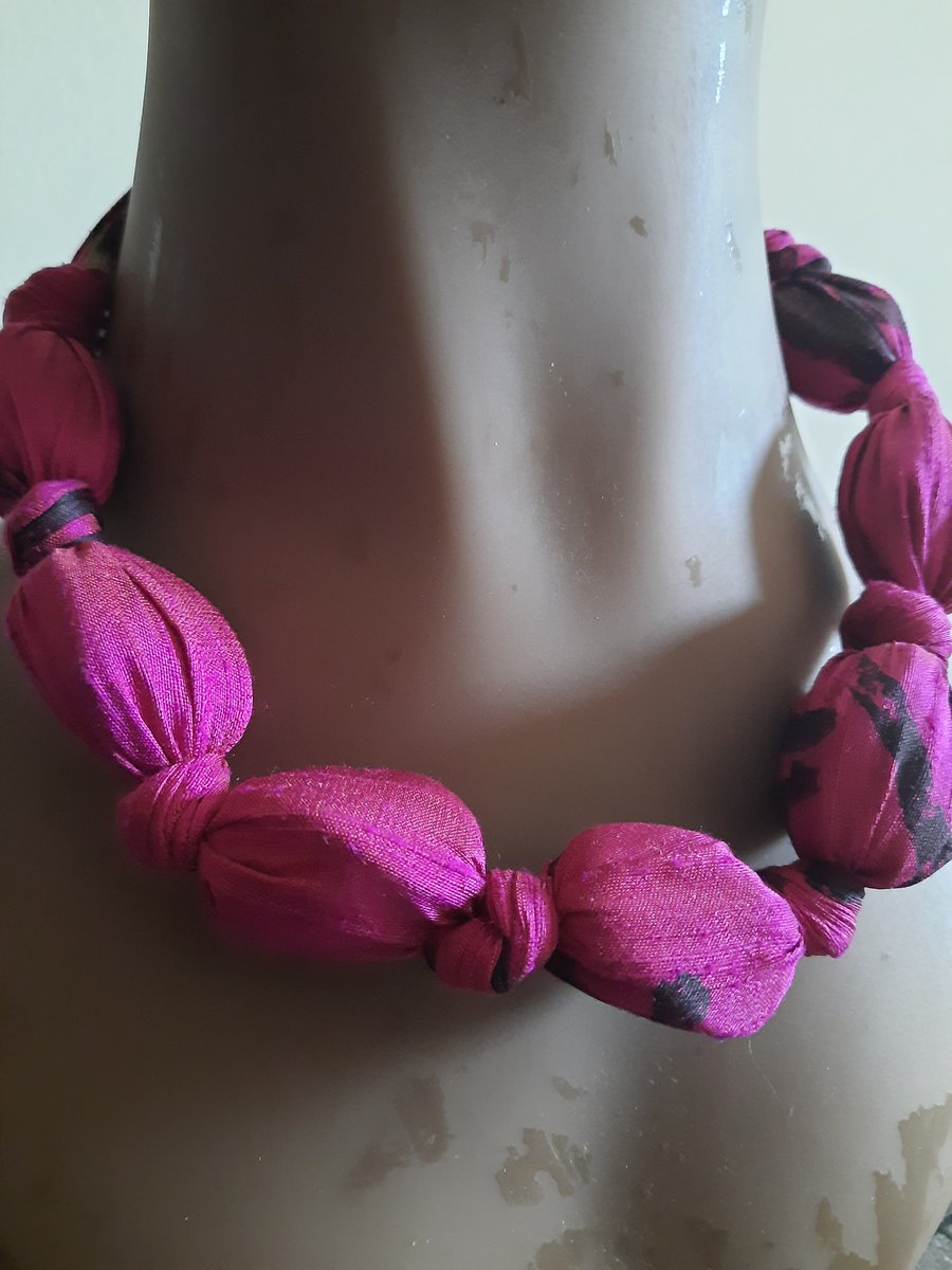 Pink and Black Fabric Covered Beaded Necklace