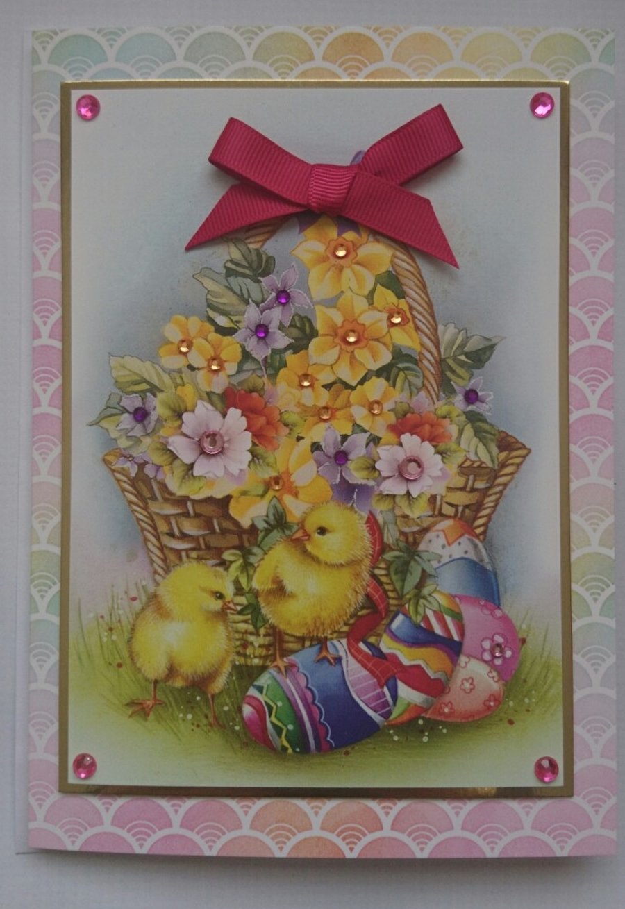 Easter Card Basket of Spring Flowers Chicks and Eggs 3D Luxury Handmade Card
