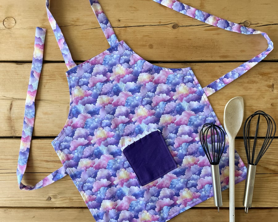 Handmade Children's Apron, Small Apron, Coloured Clouds Design 1-3 yrs-CAPR11