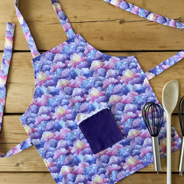 Handmade Children's Apron, Small Apron, Coloured Clouds Design 1-3 yrs-CAPR11
