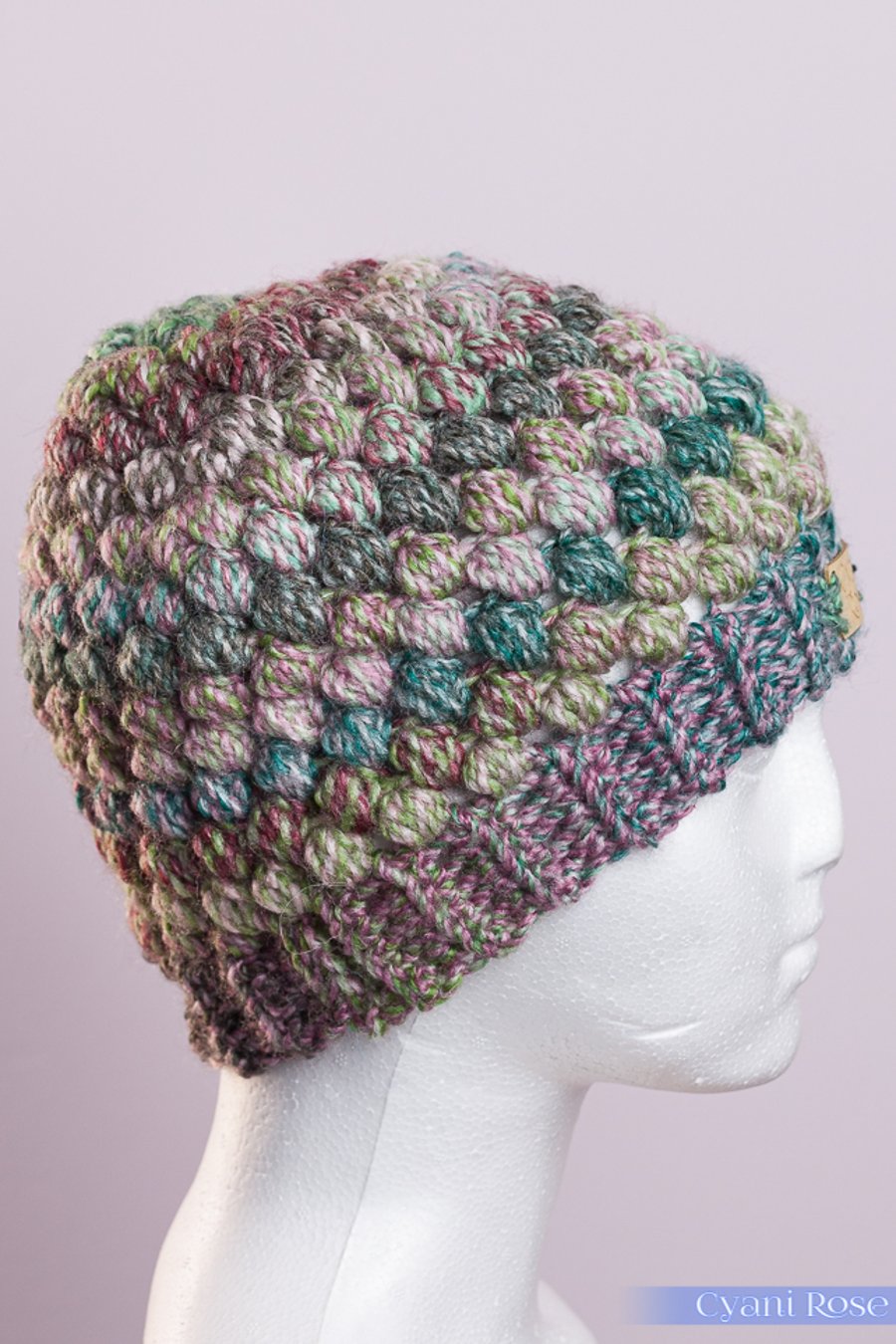 Beanie hat crochet puff stitch  mint choc chip colour handmade
