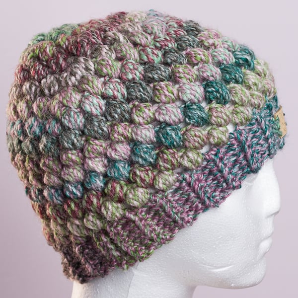 Beanie hat crochet puff stitch  mint choc chip colour handmade