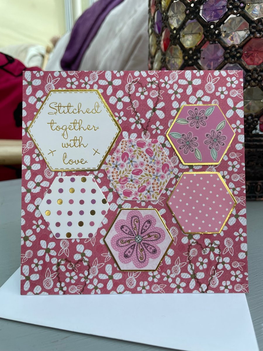 Pretty pink hexagonal quilt effect with love card
