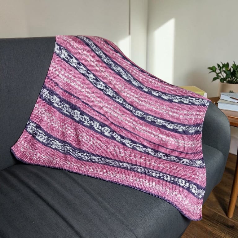 Hand Knitted Pink and Purple Fair Isle Baby Blanket for Pram or Moses Basket