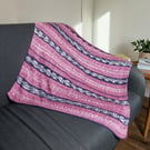 Hand Knitted Pink and Purple Fair Isle Baby Blanket for Pram or Moses Basket