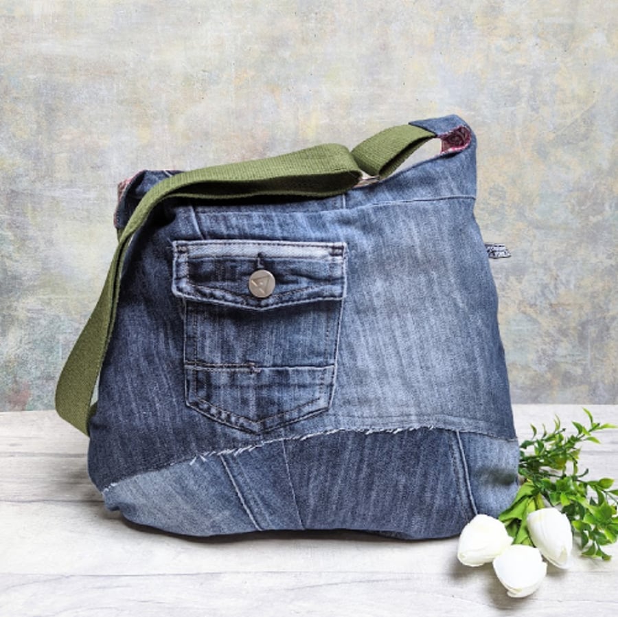 Patchwork Denim Jeans Pockets Hobo Cross Body Bag