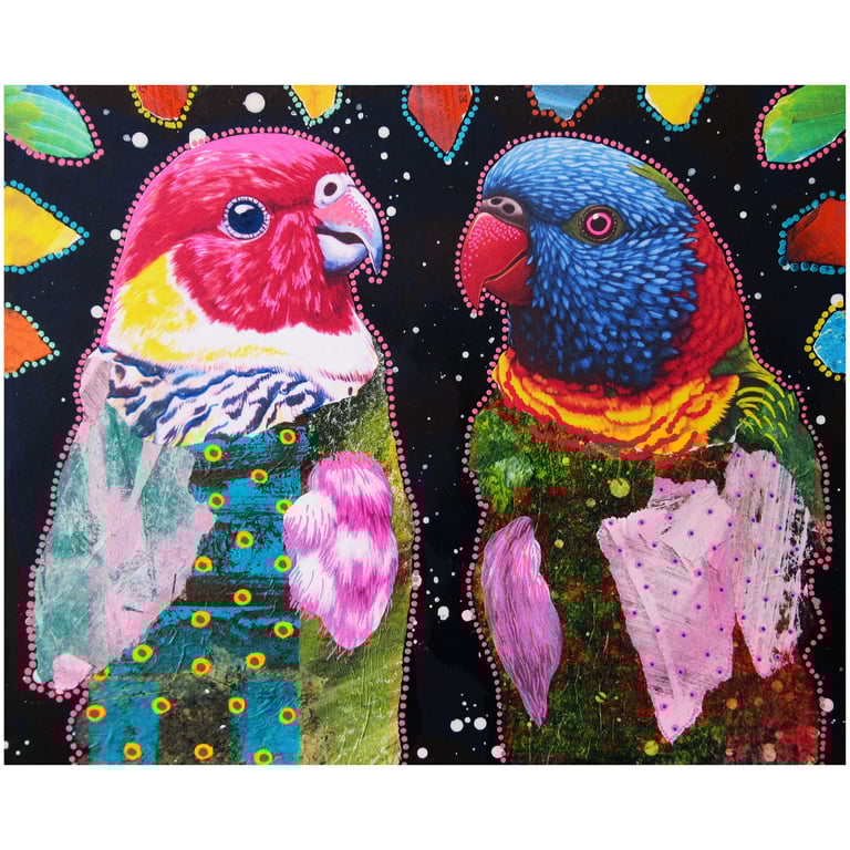 Whimsical Parrots Painting Acrylic & Collage Surreal Colourful Nature Artwork