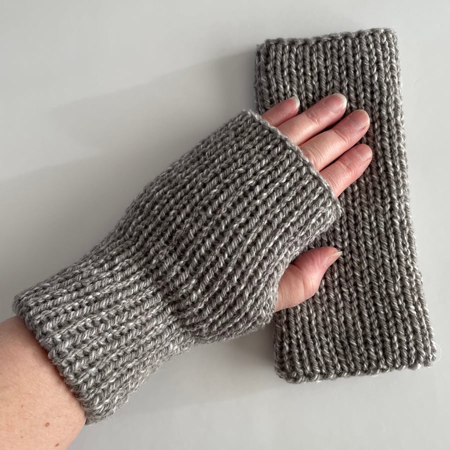 Grey Knitted Fingerless Gloves, handmade wrist warmers, FREE DELIVERY 