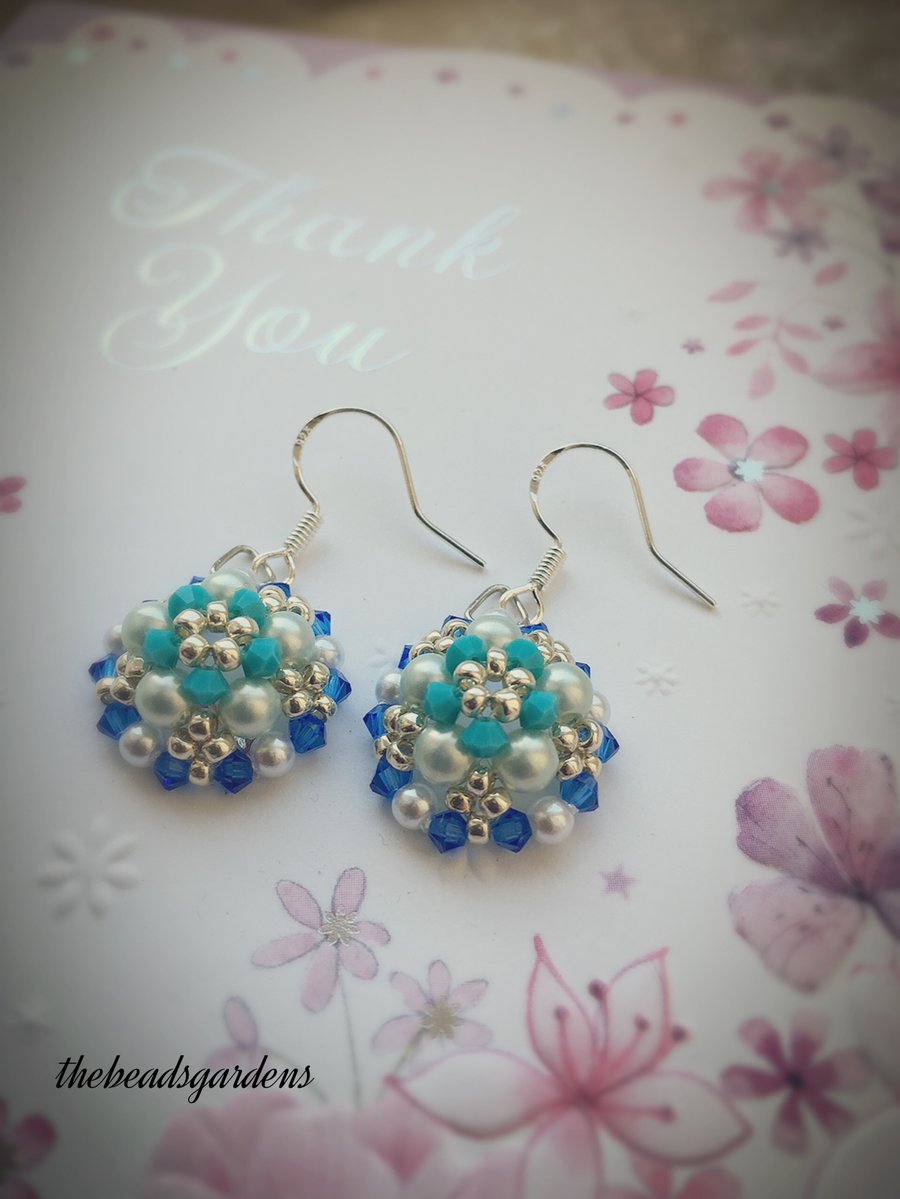 Beaded flower sterling silver  earrings 