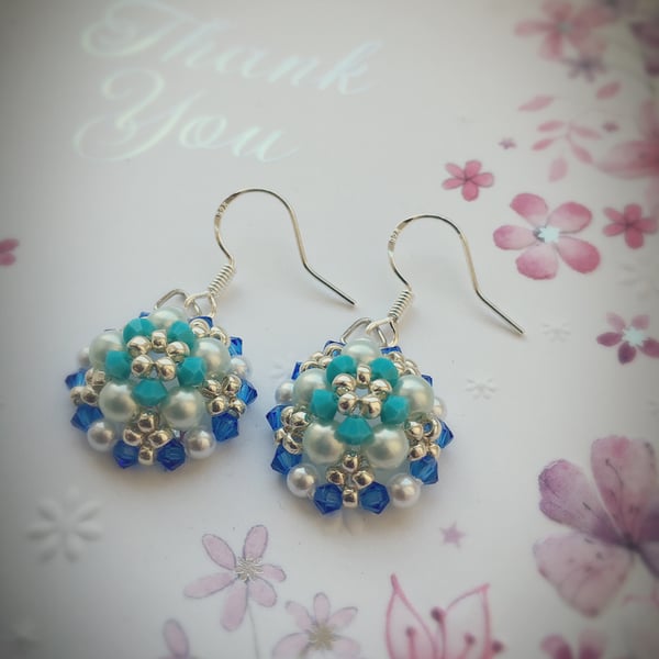 Beaded flower sterling silver  earrings 