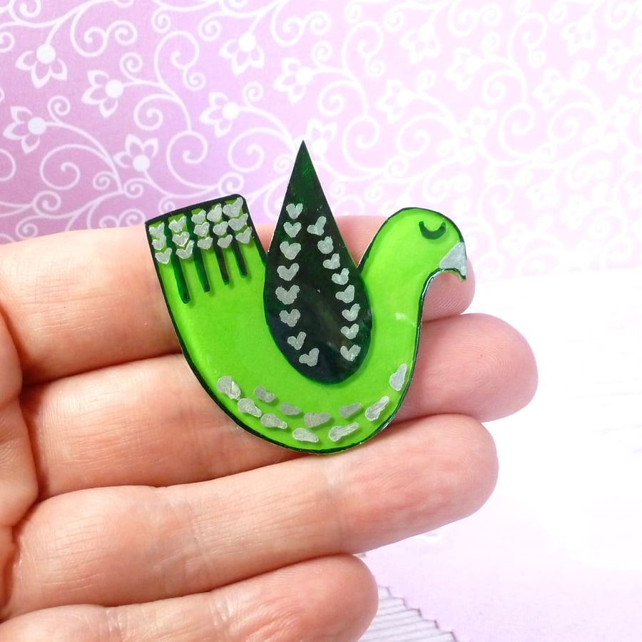 Bright green hand-drawn jacket pin brooch, colourful accessory 